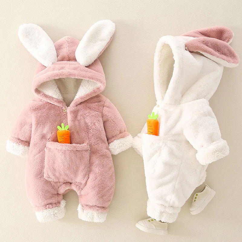 Winter Baby Cute Hooded Fleece Rompers Children Clothing Baby Girls Thicken Warm Jumpsuit Autumn Infant Cute Rabbit Ear Clothes