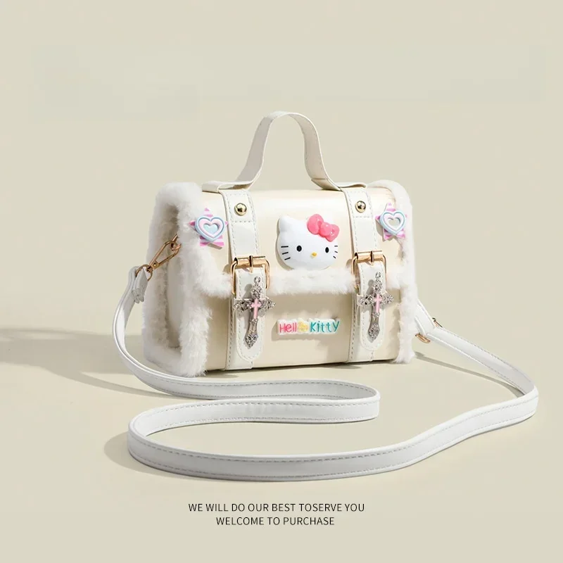 Kawaii Hello Kitty Plush Fur Handbag MINISO Anime Lovely Y2k Wind Cross Inclined Shoulder Bag Hottie The Single Shoulder Bag