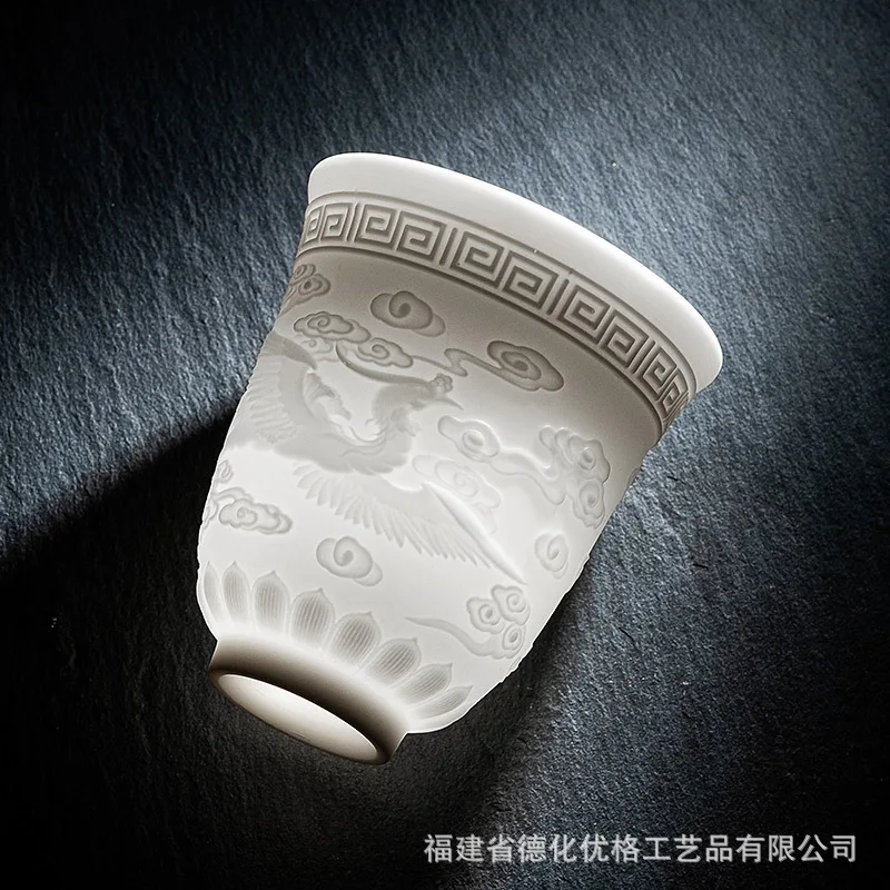 

White Sheep Zhiyu Kung Fu Tea Cup, Personal Ceramic Tea Set, Single Relief Heart Sutra Master Cup, Tea Tasting Cup