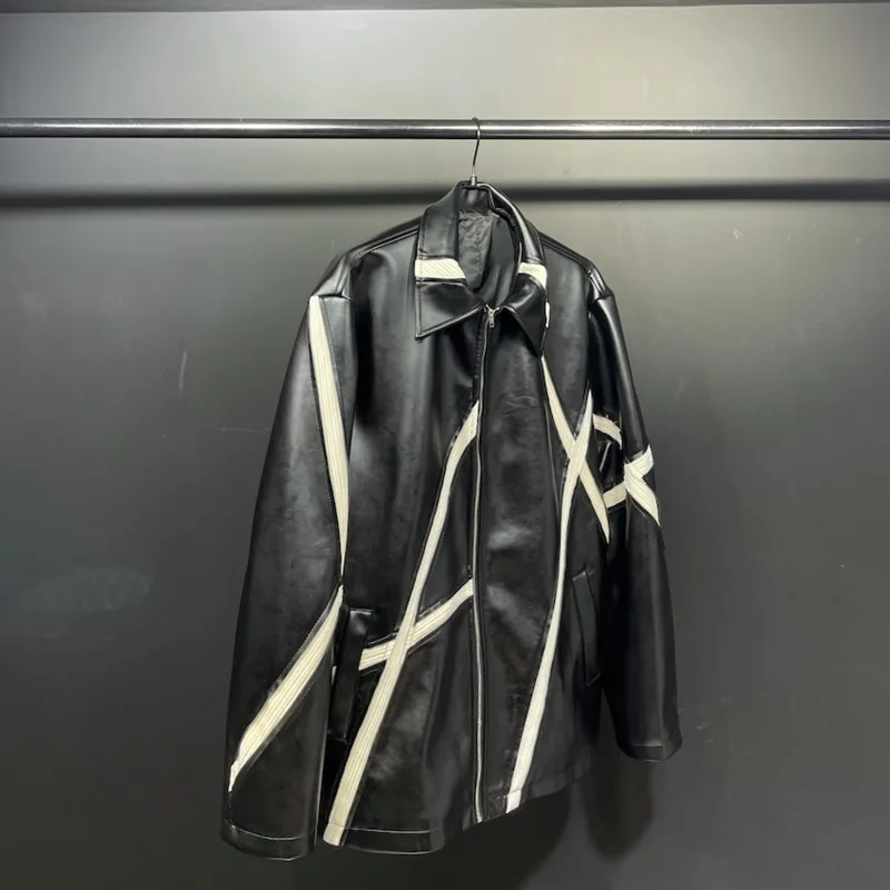 

WVGA весенне-осенние новые мужские куртки из искусственной кожи в стиле пэчворк с цветными блоками, нишевые шикарные повседневные пальто с отложным воротником Ins Y2K W12817