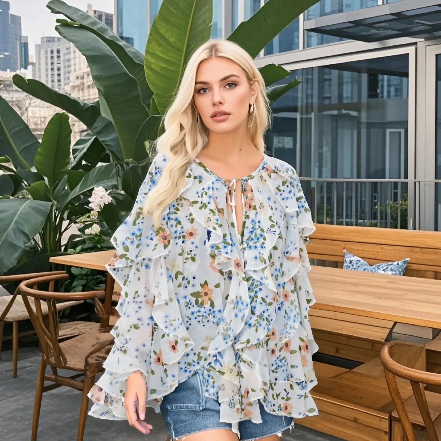 

PB&ZA 2025 Women's White Long - Sleeve Floral Print Blouse with Ruffled Design for a Feminine and Stylish Look