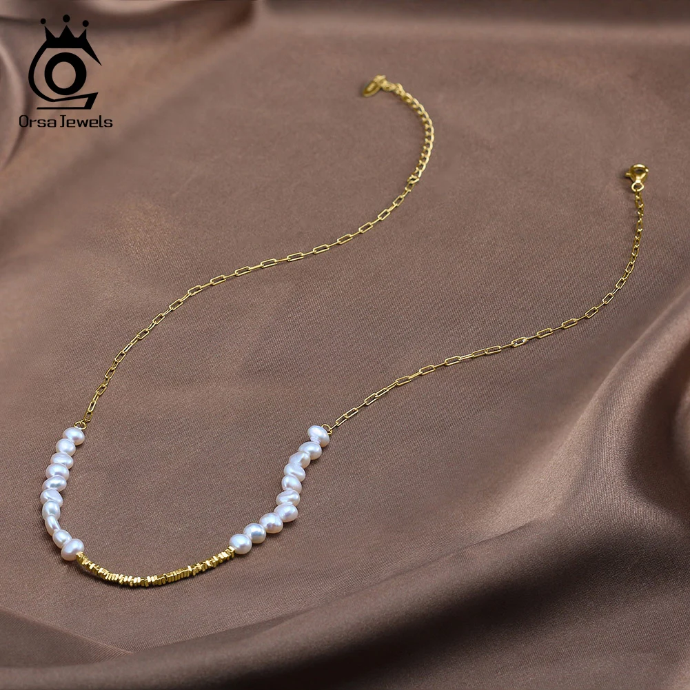 ORSA JEWELS 14K Gold Nugget Chain Necklace 925 Sterling Silver Cultured Freshwater Pearl Necklace Vintage Jewelry for Women GPN6
