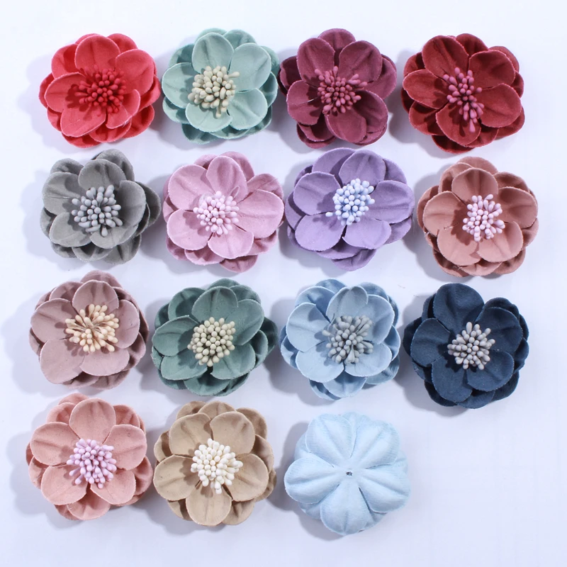 10PCS 5CM New Artificial Felt Fabric Flowers With Stamen For Wedding Invitation chic Fake Flower For Home Dress Decoration