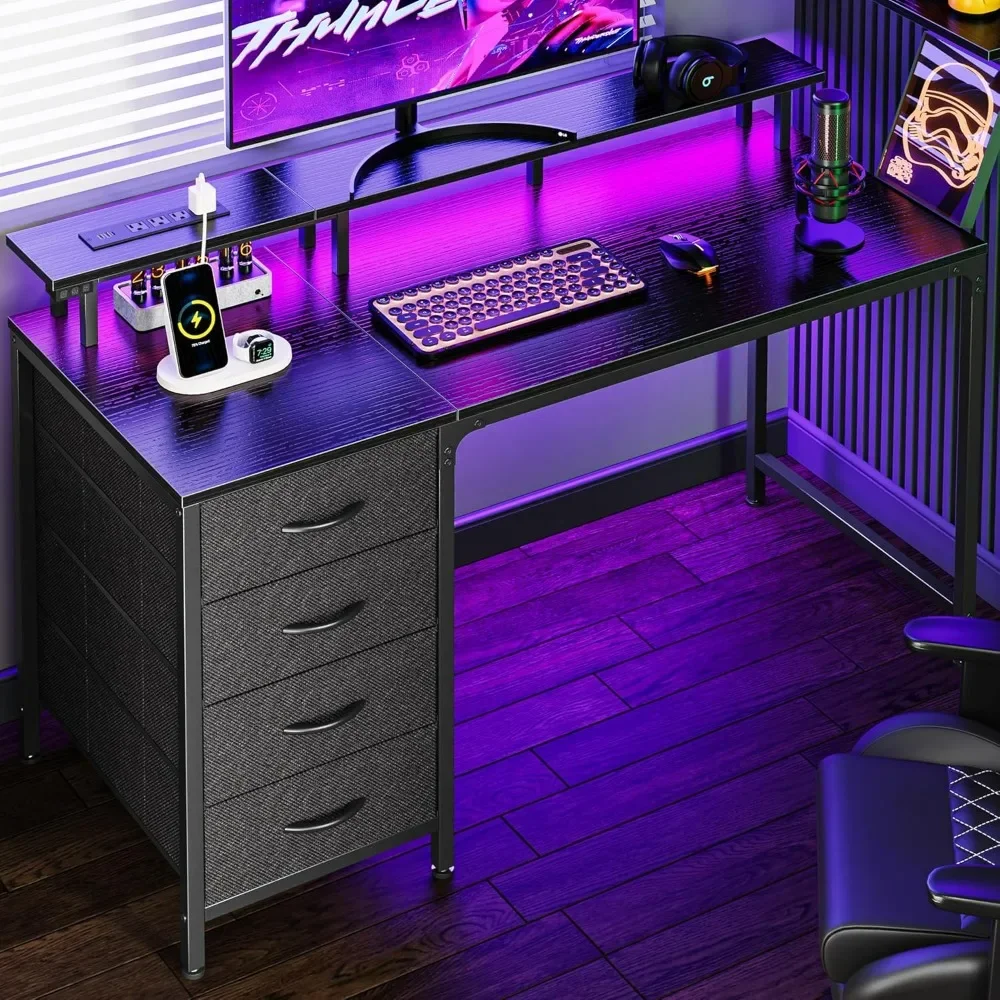 

47 Inch Computer with Power Outlets and LED Lights, Gaming with 4 Drawers, Office Desk with Monitor Stand, Study Desk