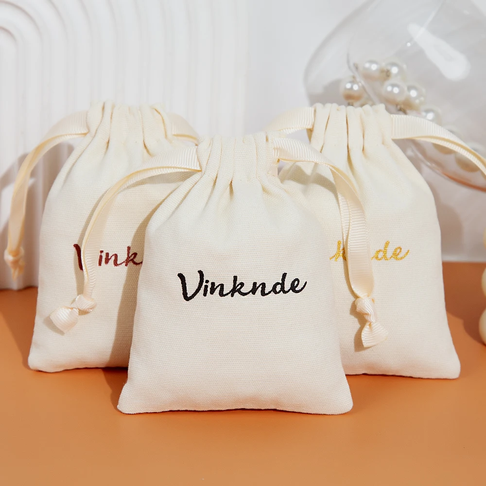 

50Pcs/Lot Custom Logo Jewelry Thick Cotton Bag Beige Canvas Muslin Drawstring Ribbon Pouch Gift Pocket Wedding Favors For Guests