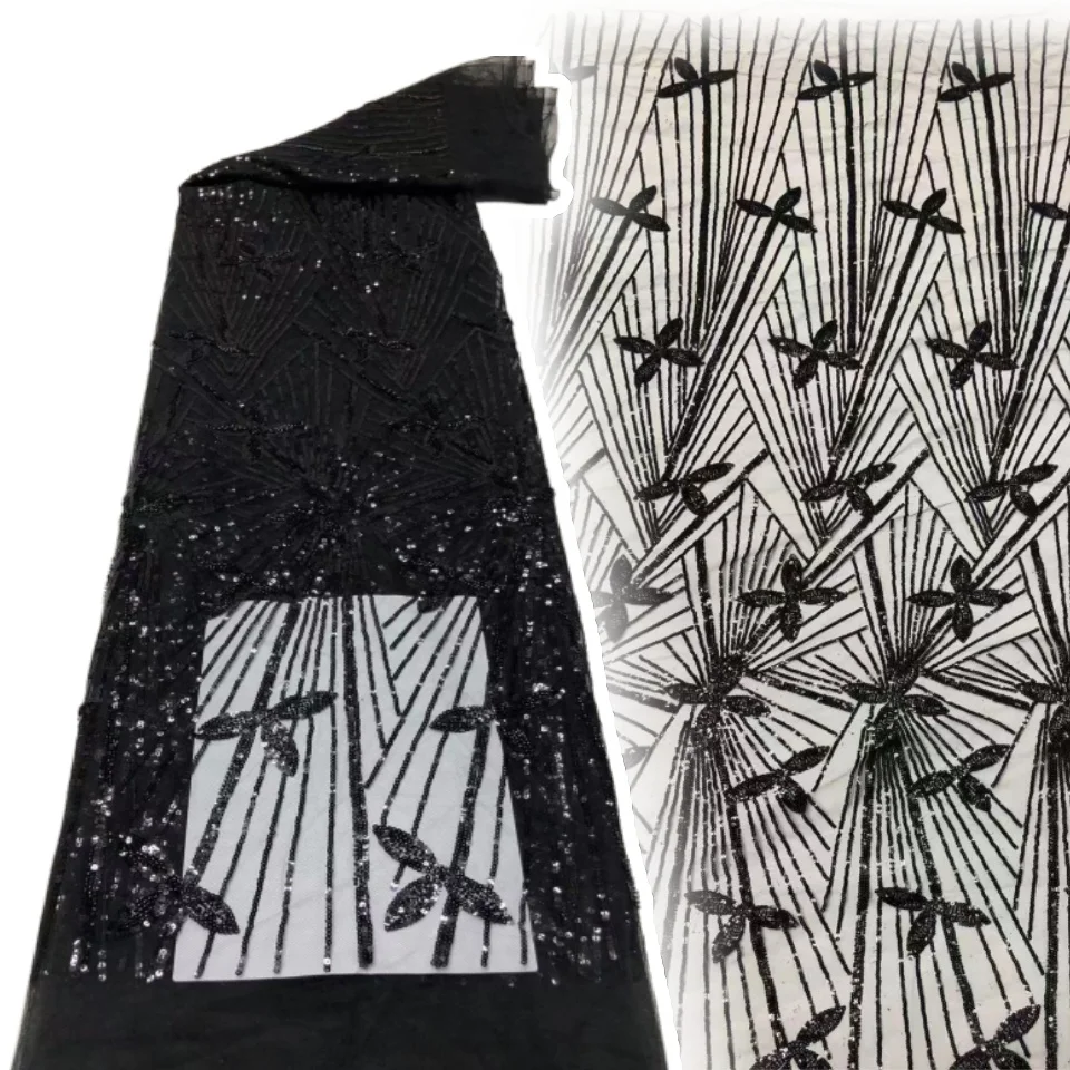 

Black New Design Beaded Lace Fabrics for Wedding Fabric Material Bridal Lace with Sequins Luxury African Lace Fabric 5Y CC1209