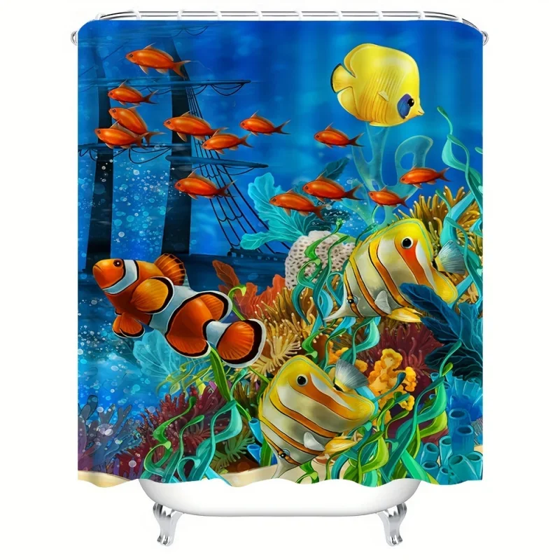 1Pc Marine Fish Seagrass , Oversized Underwater World Boat Printing Waterproof Durable Shower Curtain, Bathroom Pa