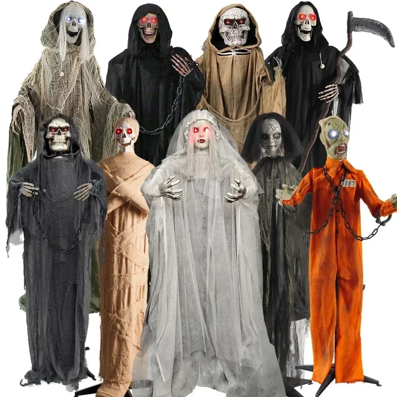 2024 Halloween Animated Bride Props Haunted Lifesize LED Lights Up Glowing Eyes Stand Ghost
