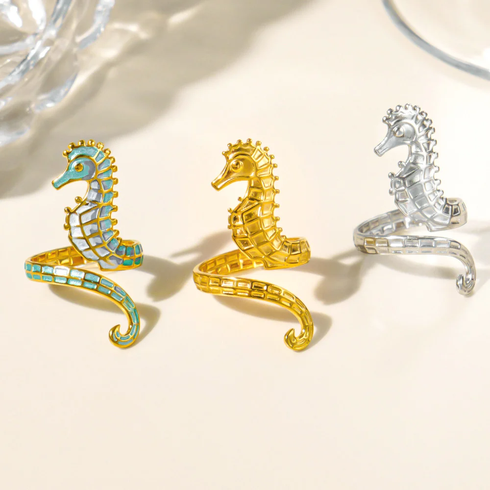 

Light luxury Haima enamel stainless steel ring, waterproof and non-fading heavy metal, with adjustable finger ring