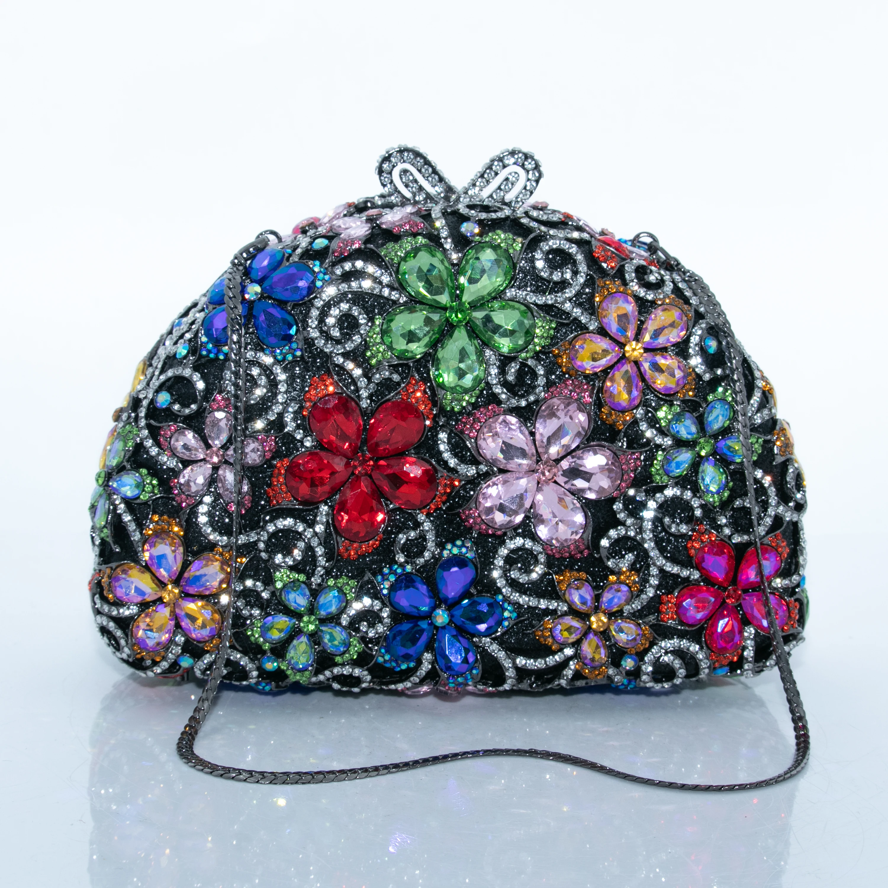 Women Multicolor Flower Rhinestone Evening Clutch Bag Luxury Crystal Floral Handbag Black Metal Frame Wedding Party Prom Shoulde
