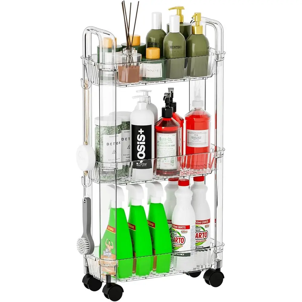 

3 Tier Slim Rolling Storage Cart with Wheels or Small Space,Clear ern Design Slim Utility Cart Suitable as Bathroom Cart Organiz