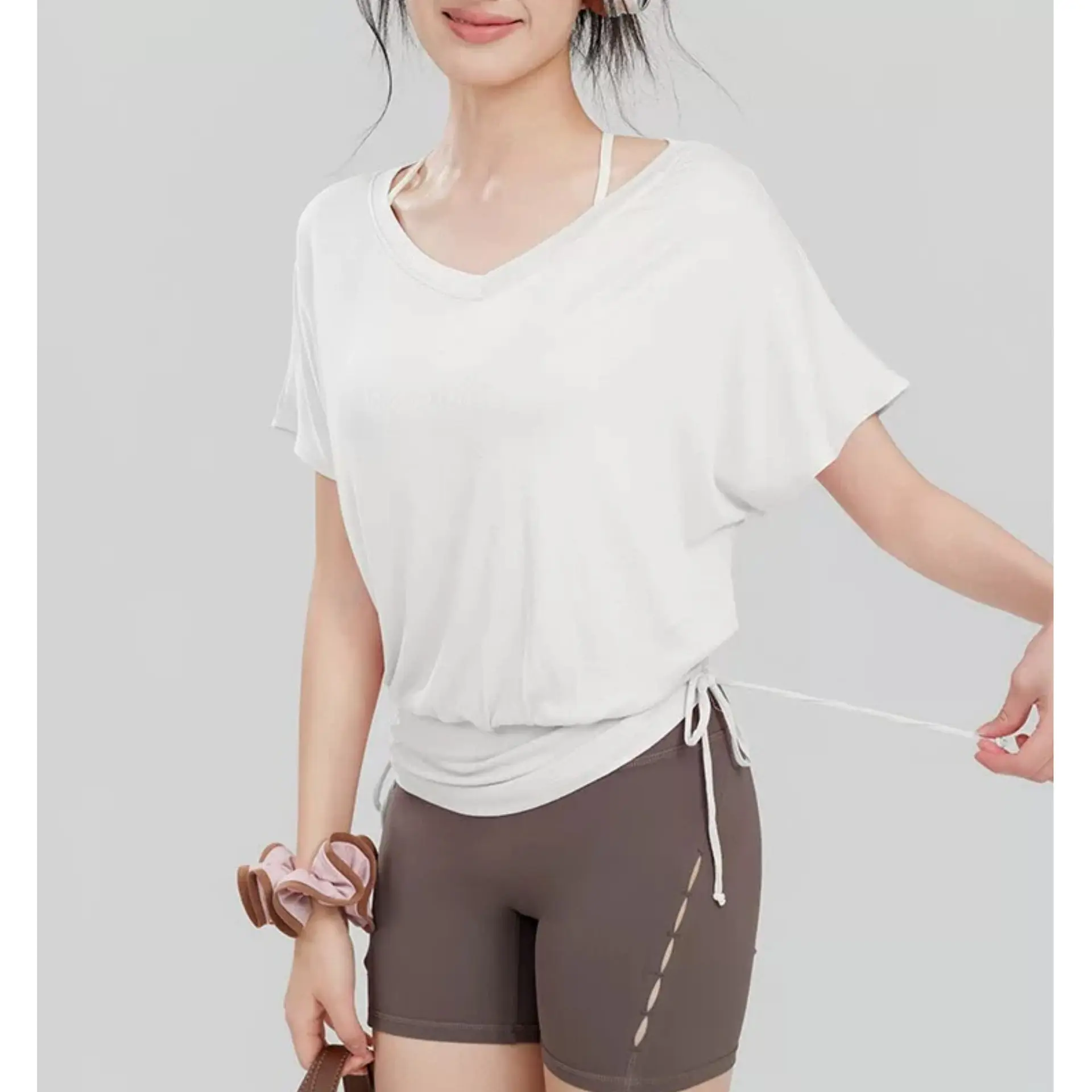 

Spring Summer New V-neck Yoga Short-sleeved Women's Bat-sleeved Slim Running Gym Sports T-shirt Pilates Nude Fitness Top Clothes