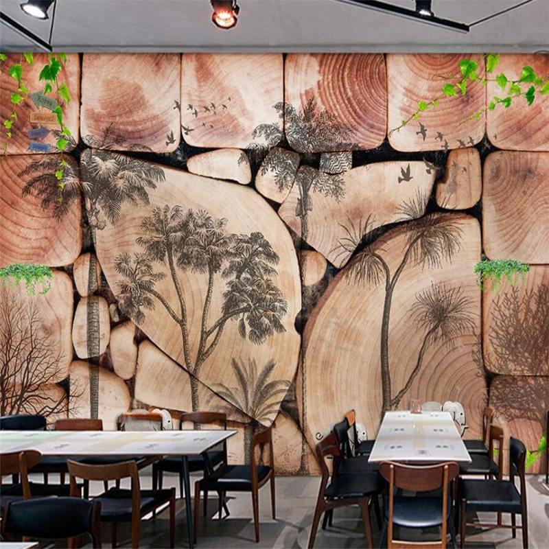 Customized European retro wood plank abstract forest bird restaurant bar mural green wallpaper Living room sofa TV background 3d