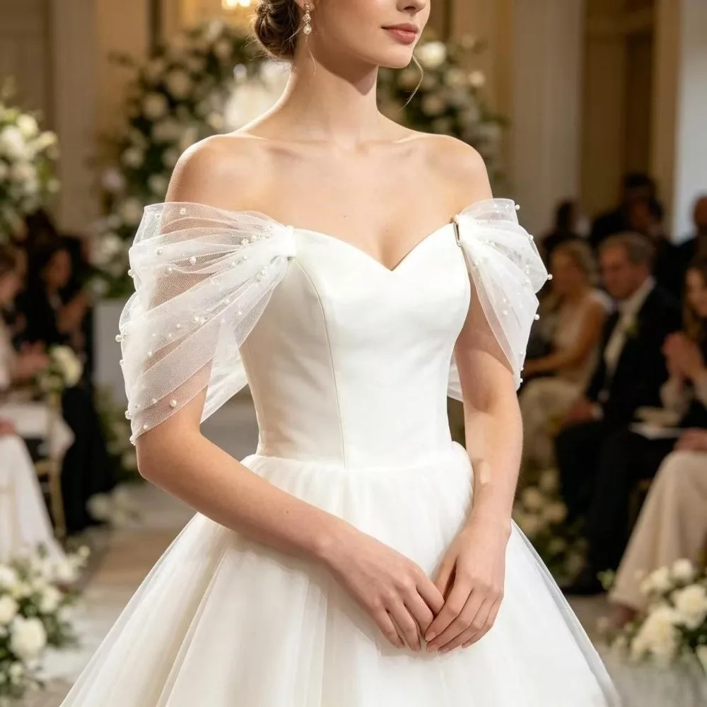 With Pearls Bridal Sleeves Solid Color Multiple Colors Off Shoulder Sleeves Wedding Dress Detachable Shoulder Straps Wedding