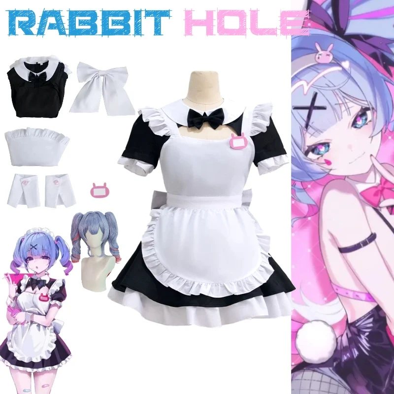 فستان خادمة مثير من Rabbit Hole Mikuu مع شعر ملون كما أغنية غنائية "Love,bluh bluh..." أزياء تنكرية أنيمي مليئة بالمجموعة
