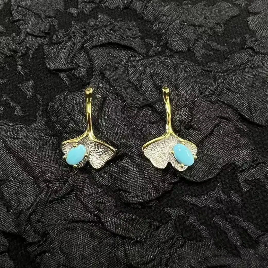 S925 Zilver Natuurlijke Turquoise Ginkgo Leaf Oorbellen Kleine Verse Oorbellen