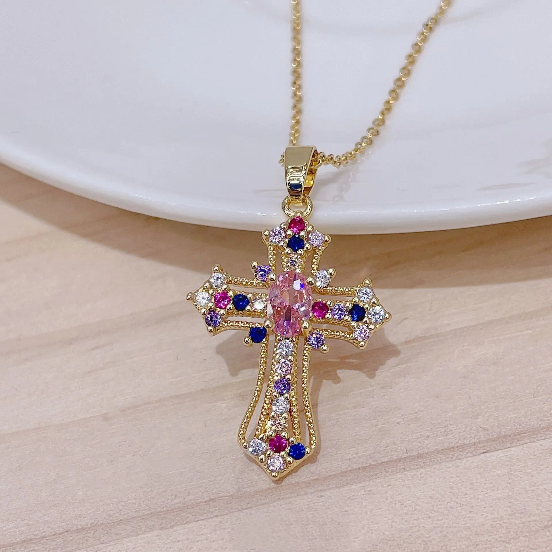 Vintage Punk Cross Zircon Pendant Necklace Women Men Titanium Steel Christian Charm Necklace Girls Hip Hop Friendship Jewelry