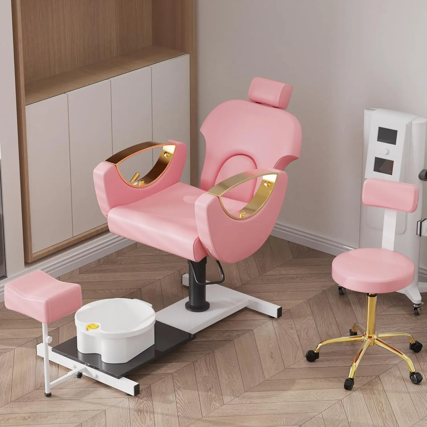 Pedicure Chair No Plumbing with Massage Foot Spa & Stool, Adjustable Hydraulic Lift Reclining Pedicure Station,, Customized
