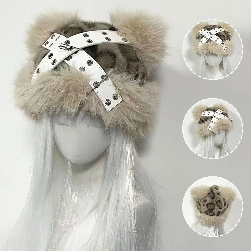 

Thickened Bucket Hat Hairy Hat Leather Punk Buckle Winter Warm Y2K Style Hat Fluffy Costume Outdoors Hat Cute Subculture Cap