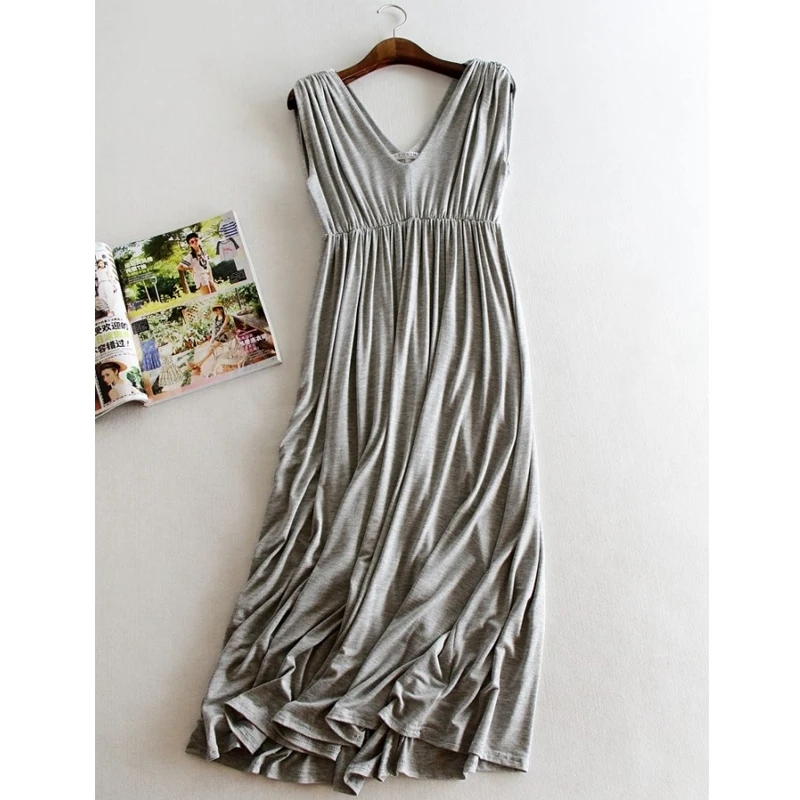 T-Shirt modale senza maniche con scollo a V Sexy da donna abito estivo a pieghe a vita alta eleganti abiti da festa abiti da spiaggia