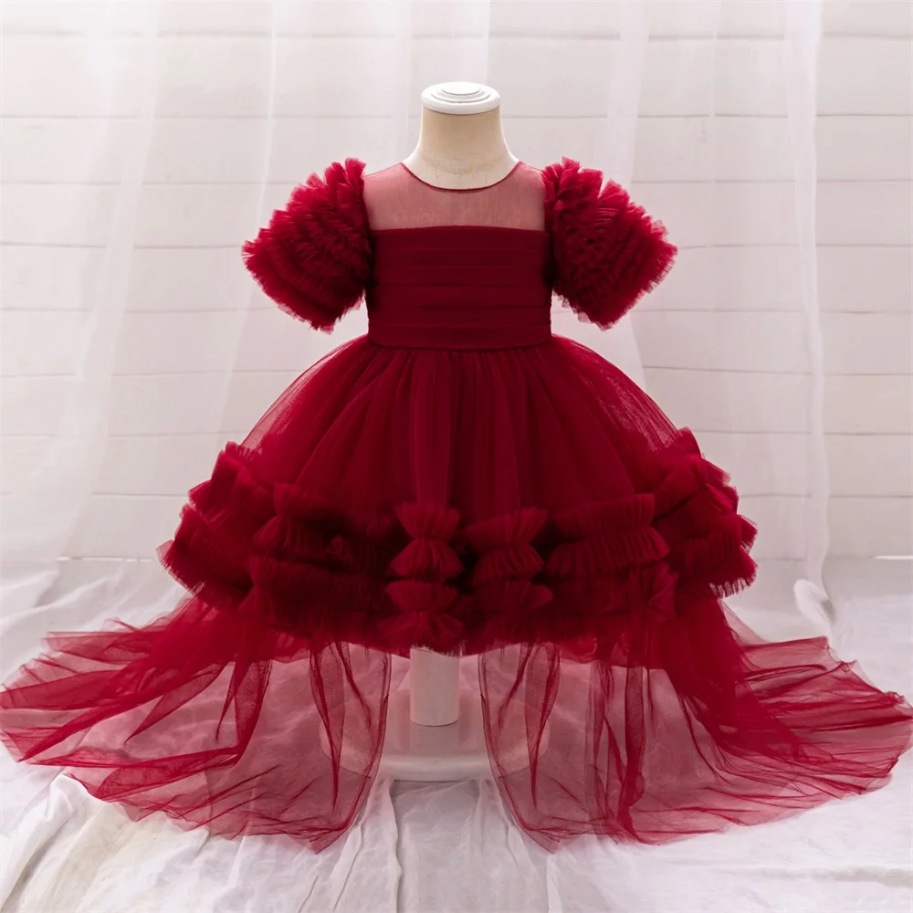 Cute Girls Vintage Red Trailing Tutu Dress Toddler Girl 1st Birthday Baptism Party Dresses Baby Lace Fashion Evening Prom Gown