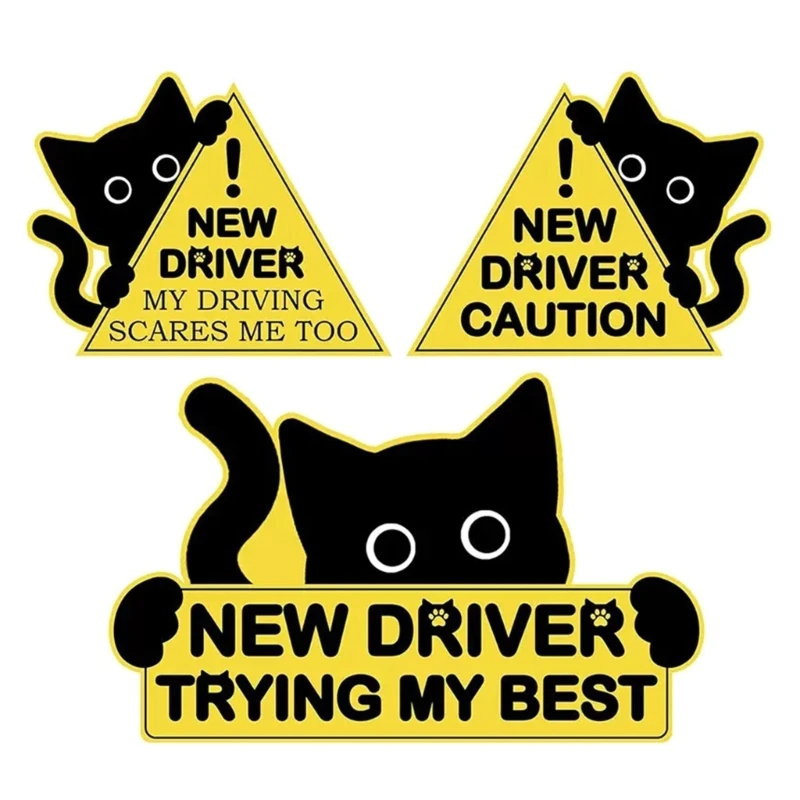 

3Pcs Decorative Reflective Safety Decals Funny Black Cats Sticker Automotive New Driver Safety Warning Sign