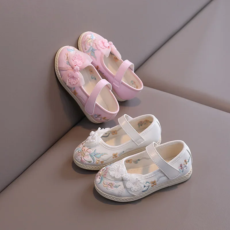 Elegant Girl Princess Shoes Children Handmade Embroidered Flat Shoes Retro National Style Kids Causal Fashion Hanfu Cloth Shoes