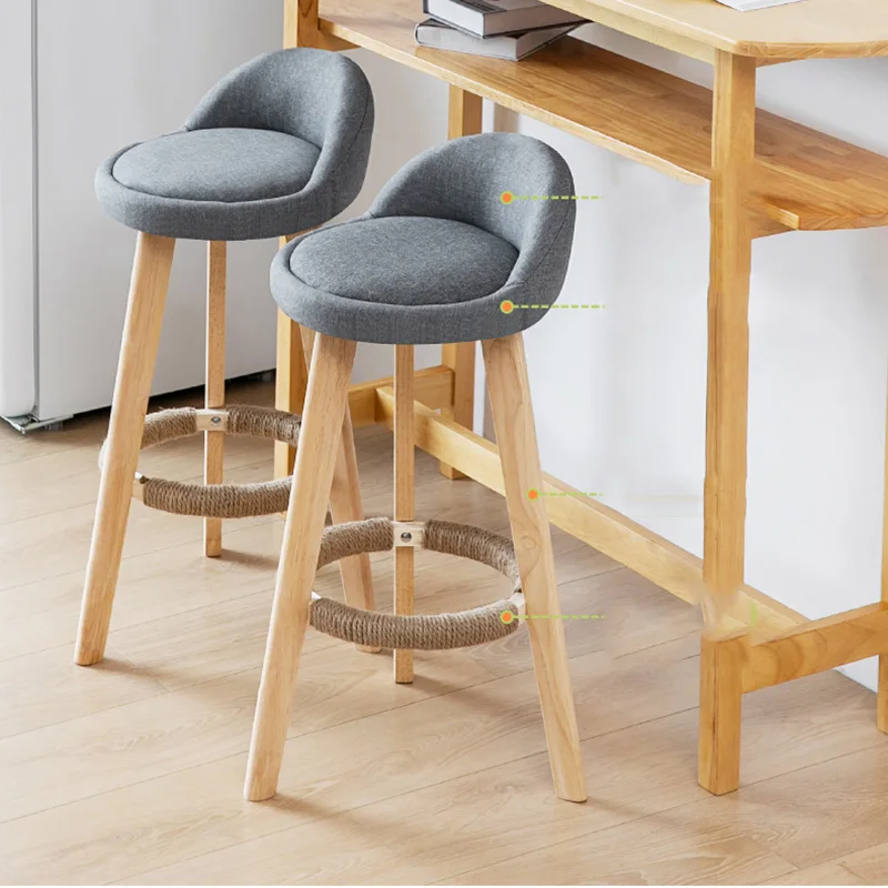 Bar Chair Modern Simple High Stool Solid Wood High Breathable Linen Barhocker Counter Barstool Hemp Rope Leather Furniture