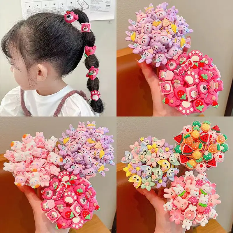 20/30pcs/Bottle Children\'s Hairdressing Accessories Elastic And Scrunchies Hair Bands Resin Cartoon Animals Hair Rope