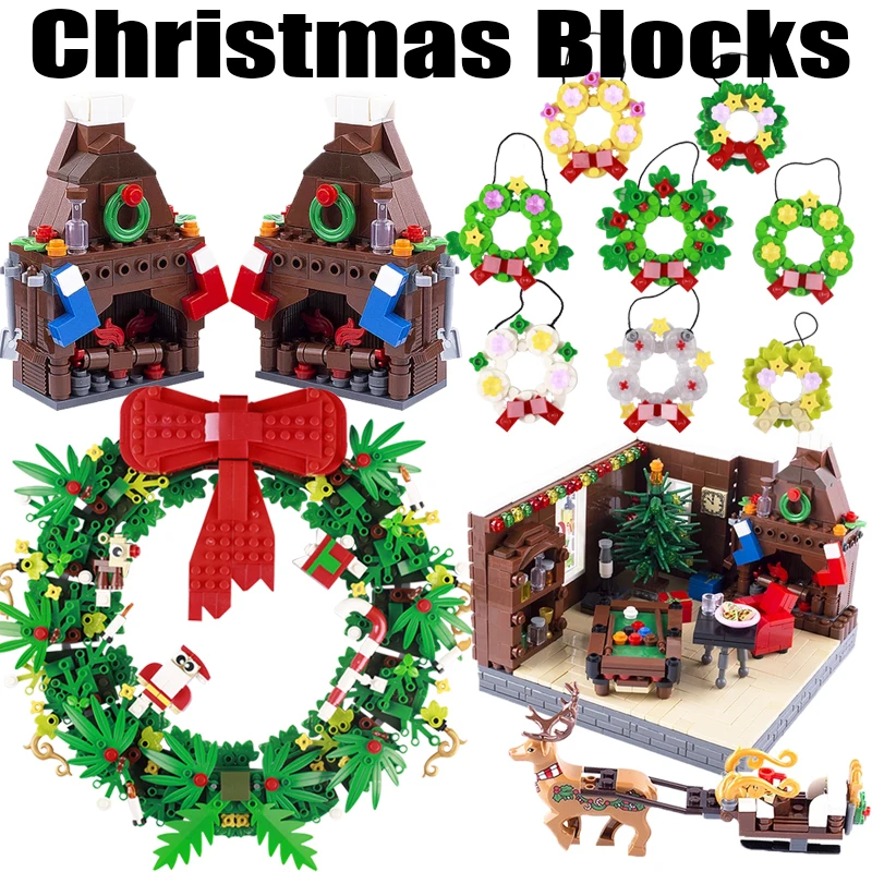 MOC City Christmas Street View Scene Building Blocks Wreath Pendant   Snow Tree Elk Flower Plant Sled House Bricks Friends Toys