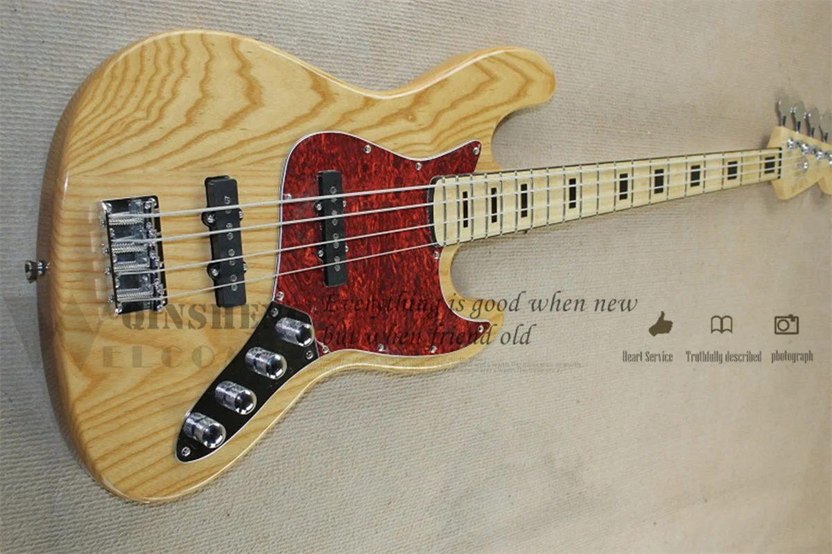 Natural bass 4 stings bass ASH Wood Body Maple Neck Chrome Bridge Red tortoise shell pickguard active battery