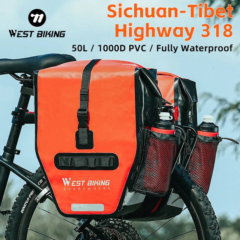 WEST BIKING 1000D Waterproof Bicycle Pannier Bag 50L Rear Double Side Bags Long Ride Cross-Country Wear-resistant Scooter Bags