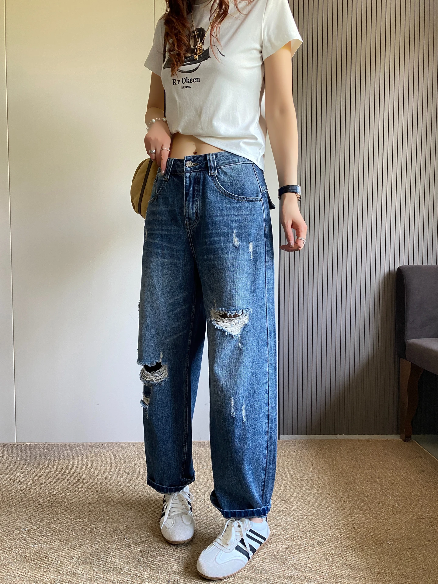 

Deep Blue Ripped High Waist Women's Jeans Spring Summer New Style Loose Slim Harlan Pants Dad Pants Trendy Straight Leg Denim