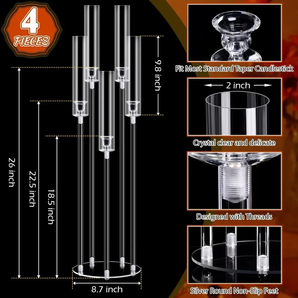 4 acrylic candle holders, transparent  cone, 5-arm cle holder, 0.87 inch LED candle (transparent)