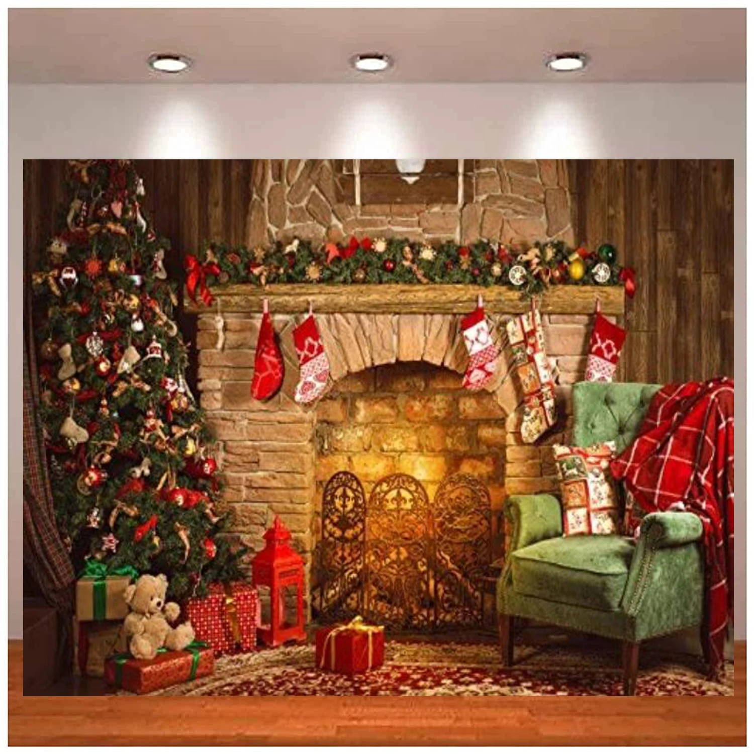 Christmas Photography Backdrop For Xmas Gifts Tree Fireplace Stocking Lantern Chair Party Background Banner Photo Studio Props