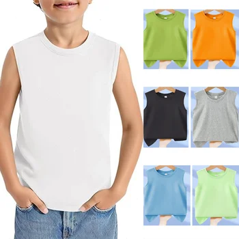 Children's Summer T-shirts Boys Girls Vests Sleeveless Solid Tee Tops 100% Cotton Comfortable Kids Tank Tops Clothes White 3-14Y