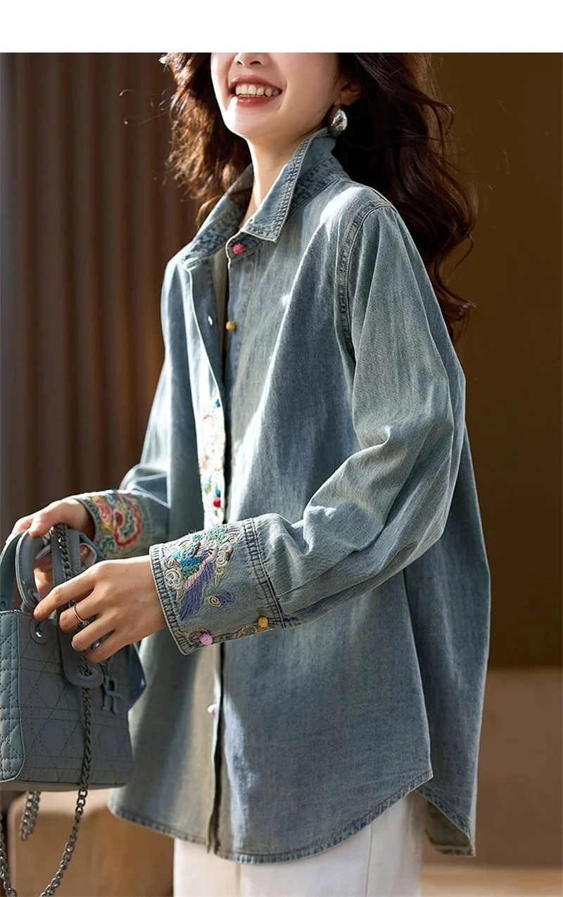 

Spring New Fashion New Chinese Slim Joker Temperament Denim Embroidery Stitching Shirt Jacket Female Korean Leisure Coat XQ266