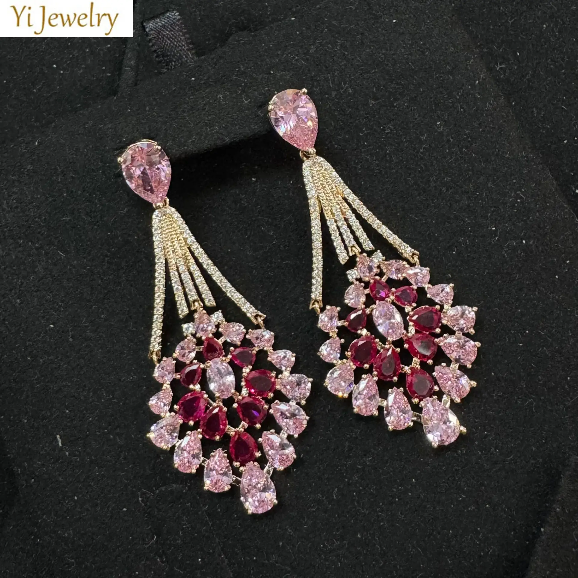 luxury jewelry earrings for women shiny zirconia pink fushia dangling earrings dinner party anniversary gift female