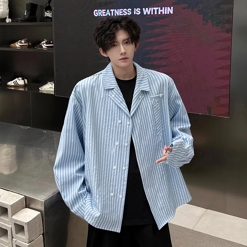 WVGA Spring Autumn New Men College Style Large Vertical Striped Trendy Long Sleeved Shirt Niche Turn-down Collar Tops Ins W26917