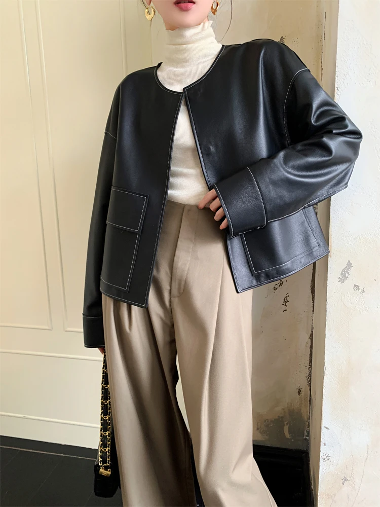 

O-neck Black Genuine Leather Jackets for Women Spring Autumn 2026 New High-end Simple Casual Soft Short Real Sheepskin Coat