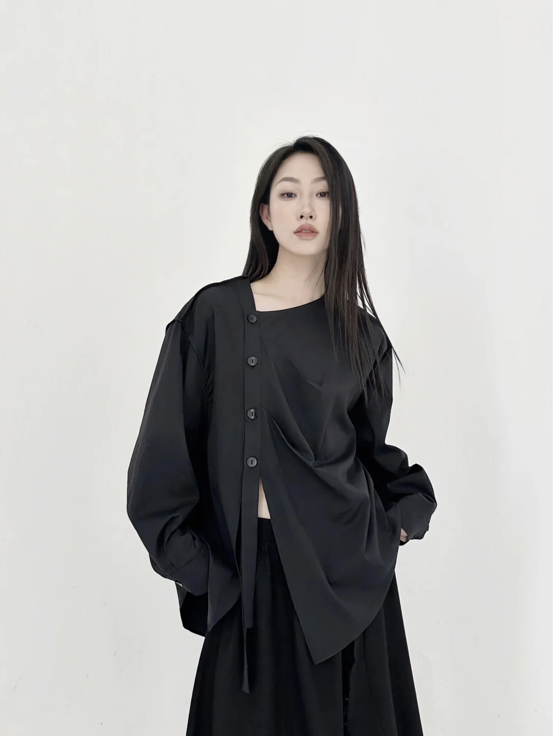 UMI MAO Yamamoto Dark Shirt Female 2024 Spring Summer Designer Loose Black Long Sleeved Top Femme