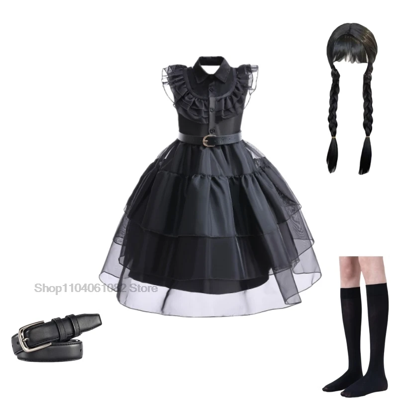 Girls Wednesday Dress Children Addams Halloween Black Family Clothes Kids Dancing Cosplay Costume Princess Christmas Fantasy