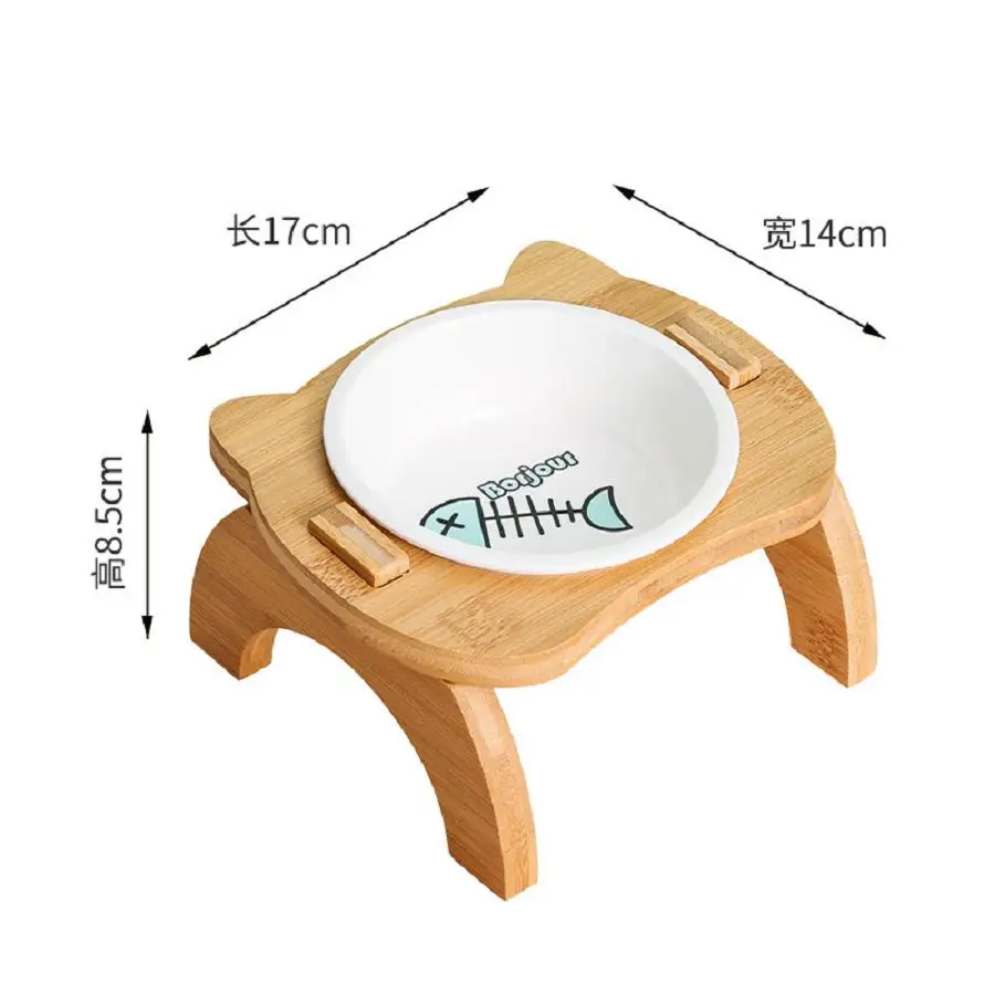 Cat Double Bowl Elevated Eco-Friendly Bamboo Pet Food Bowls Cat Feeder Raised Dog Bowl Double Ceramic