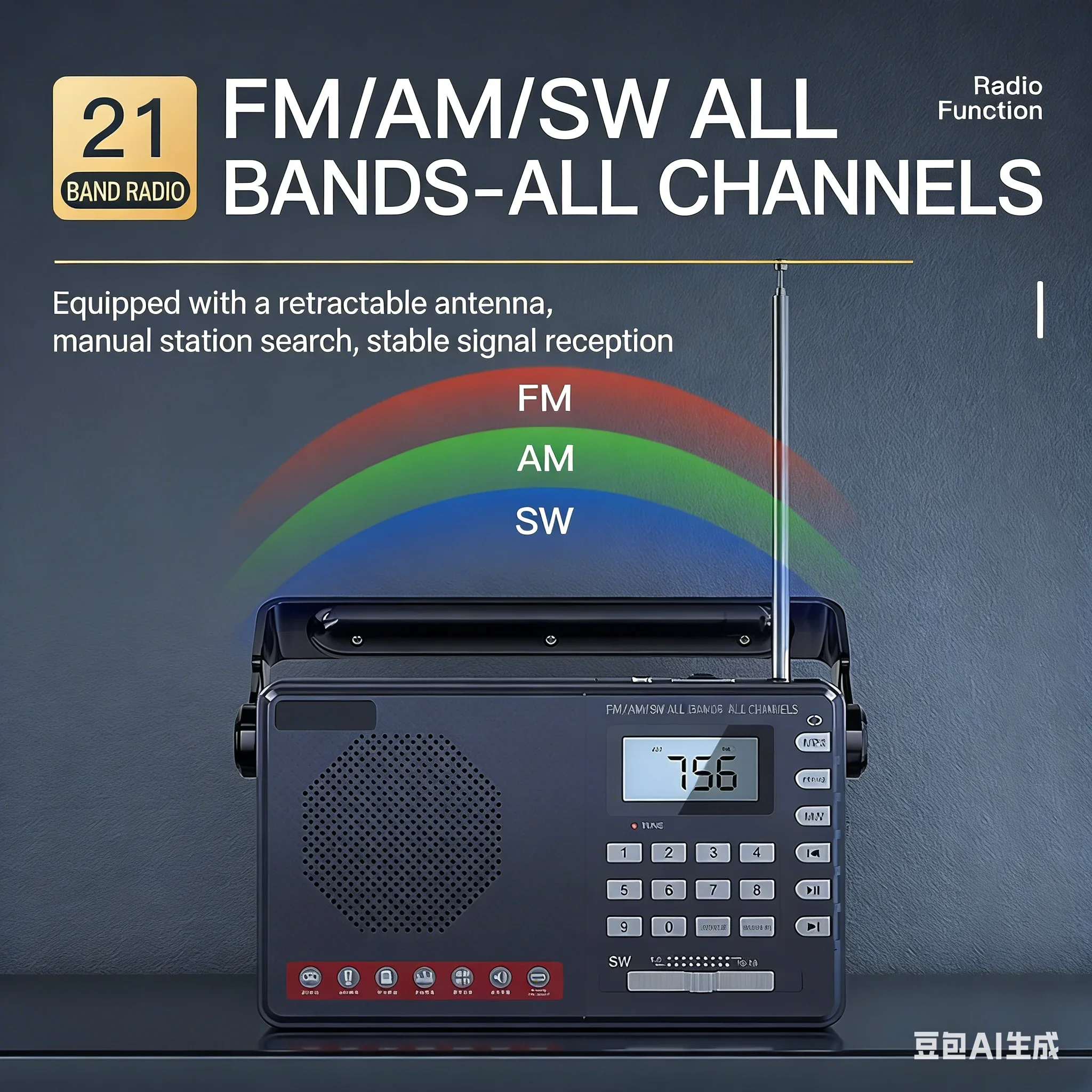 

Multifunctional Radio, Full Band FM/AM/SW 21 Bands, 5W Big Speaker, LED Flashlight, USB/TF Card MP3 Player,Digital Number Keys