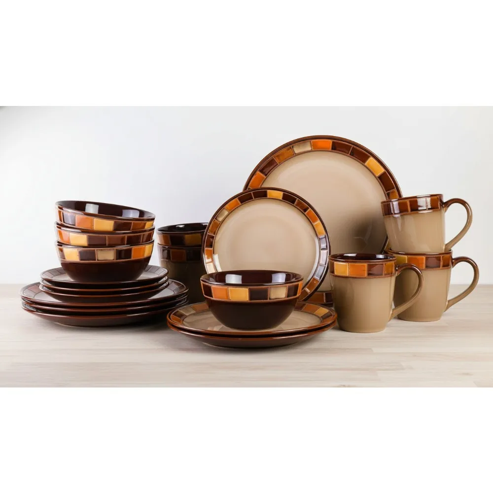 

16-Piece Dinnerware Set for 4, Beige Brown Stoneware Plates Bowls - Elegant & Durable