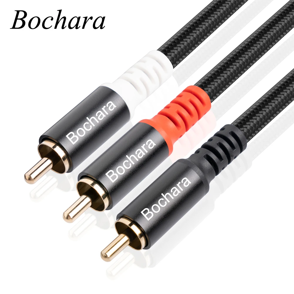 Bochara Braided RCA Male to 2RCA Male OFC Audio Cable Y Splitter Foil+Braided Shielded For Subwoofer Speaker Amplifier