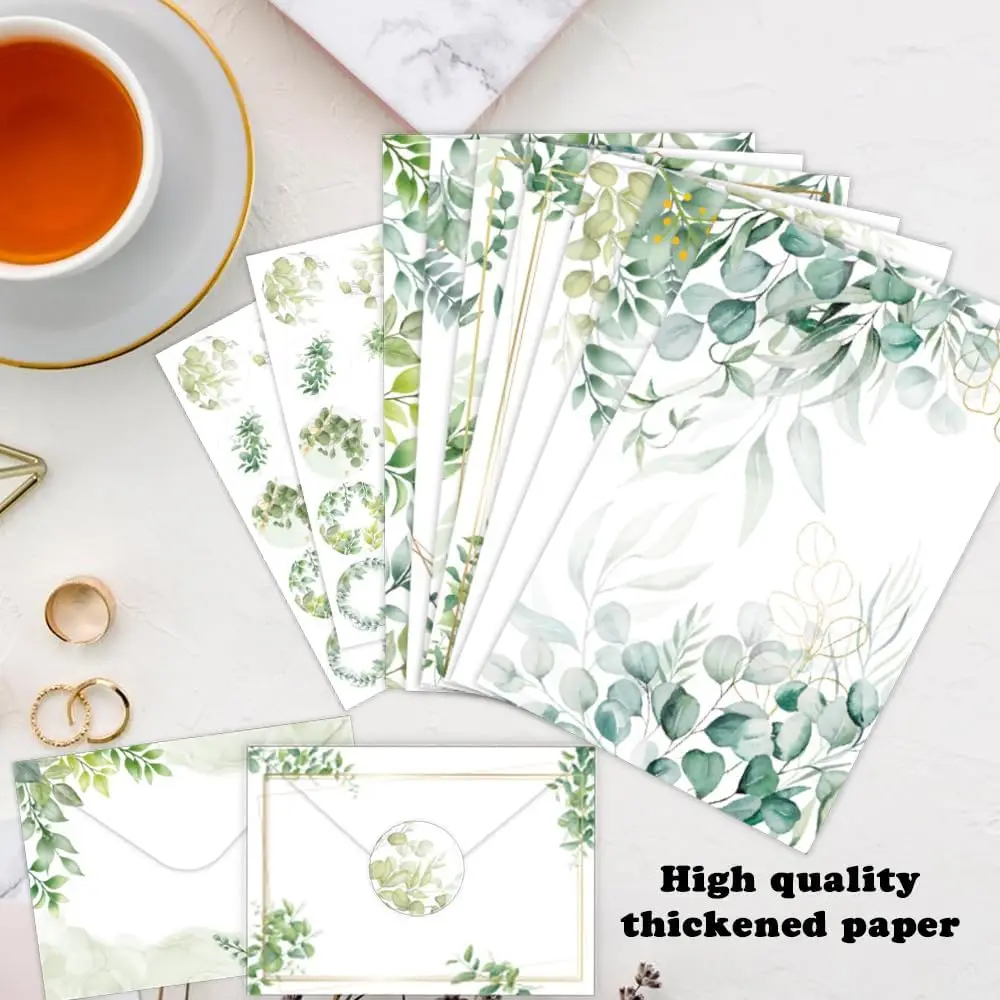 160-Piece Eucalyptus Stationery Envelopes Set – 50 Writing Papers, 50 Envelopes, 60 Sealing Stickers–Greenery Botanical Letter