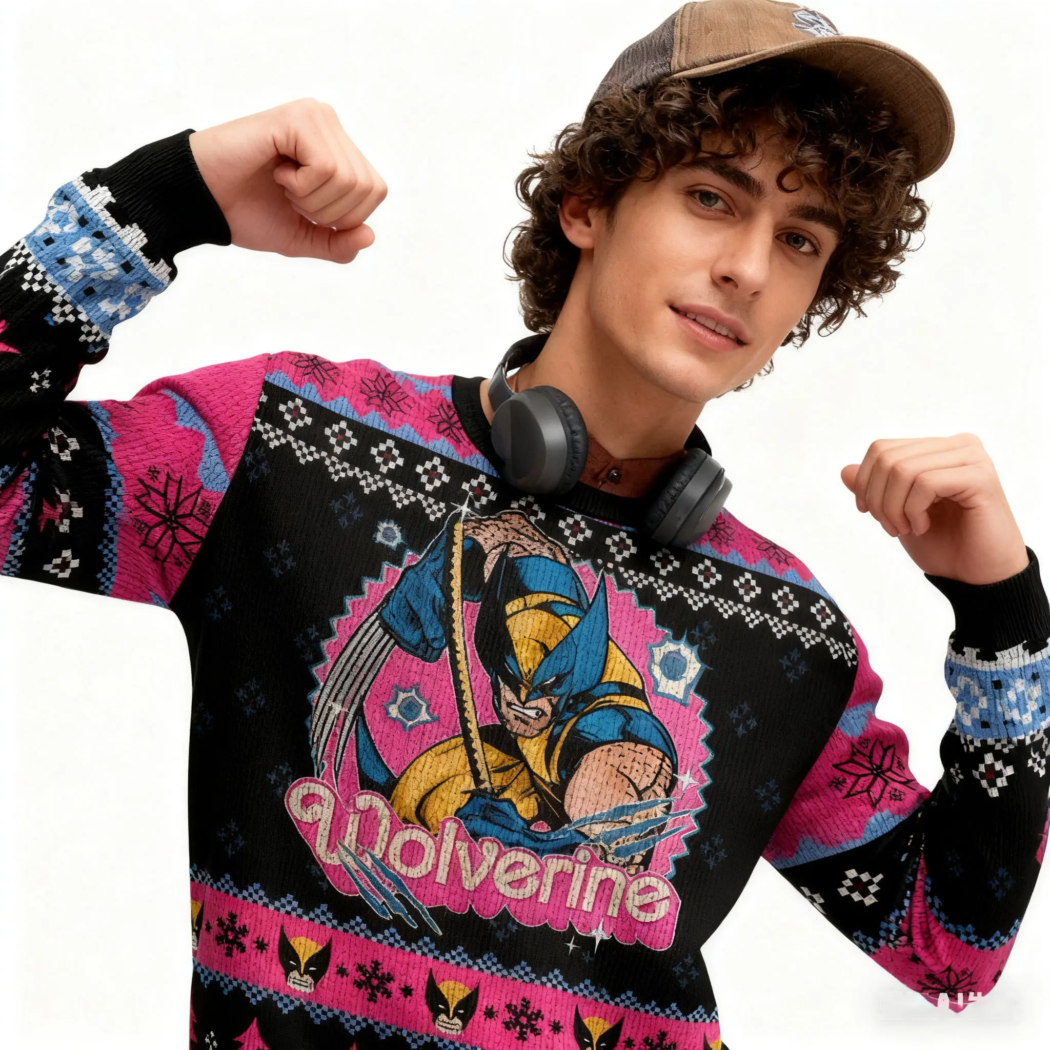 الوردي ولفيرين X-Men الأعجوبة خارقة الرجال الشتاء الجولة الرقبة عيد الميلاد سترة قبيحة موضة الاتجاه شخصية معرض هزلي #4