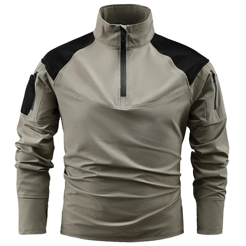 Men Tactical T-shirts Men Quick Dry 1/4 Zip Long Sleeve Shirts Outdoor Zipper Pockets Combat Training Hiking Long Sleeve T-shirt