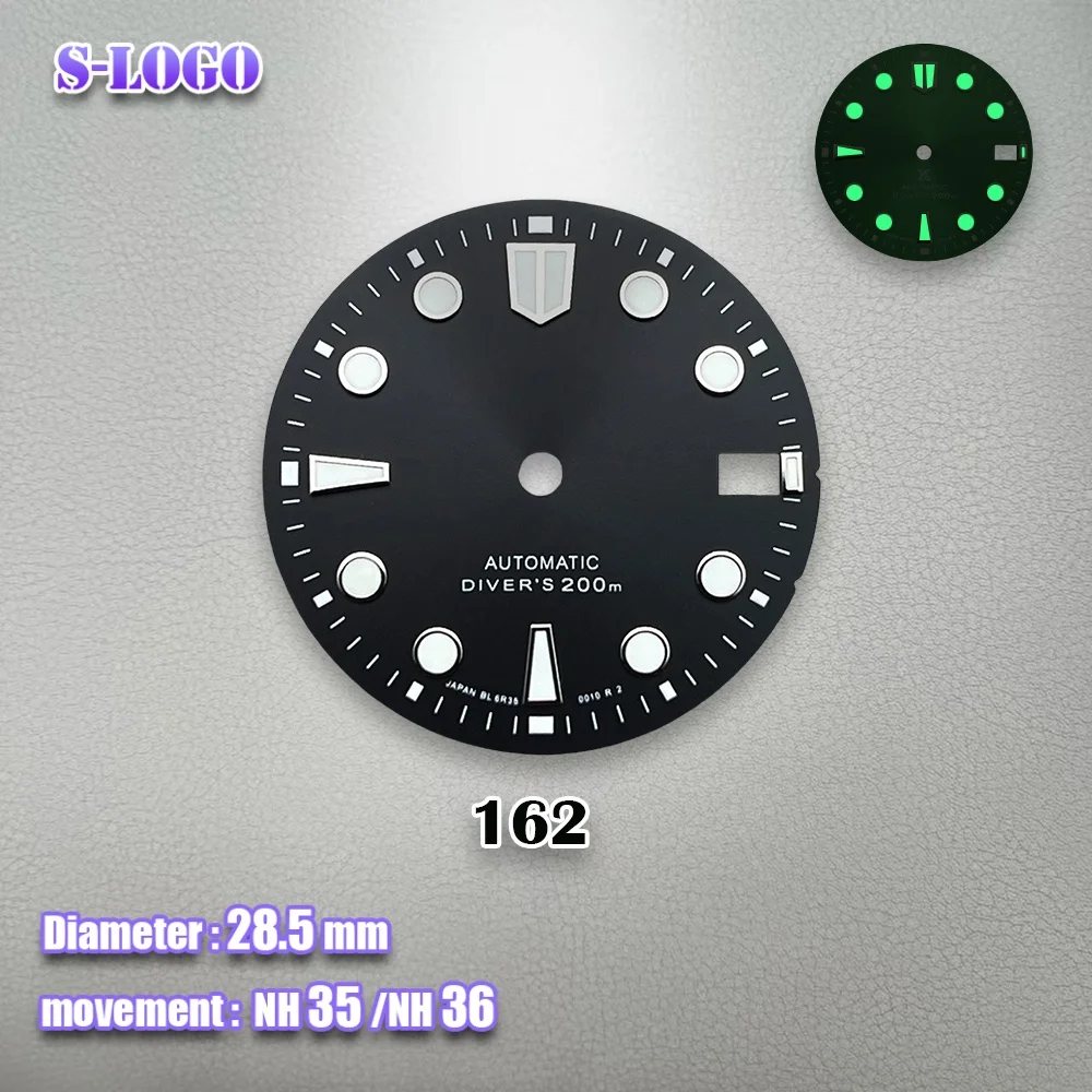 28.5mm S Logo NH35 Diver's Automatic SUB Sunray Dial Fit NH35/NH36/4R/7S Movement Green Luminous 3/3.8 O'clock Watch Accessories